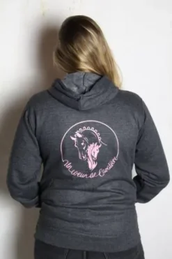 Sweat à capuche Un Coeur de Cavalière Gris Adulte / Enfant